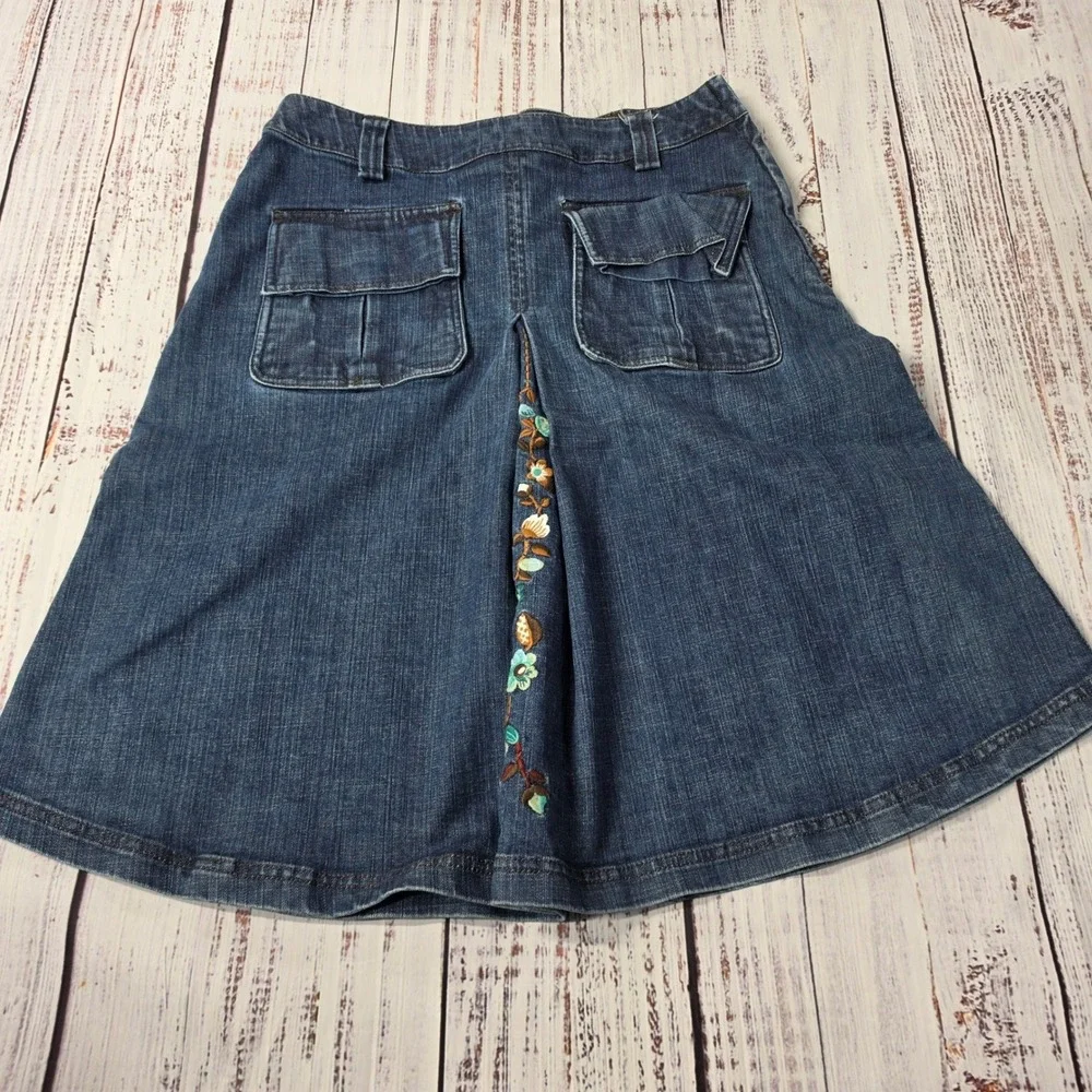 Oilily Denim Skirt Women 30 Blue Excellent Floral Embroidered A-Line Knee Length
